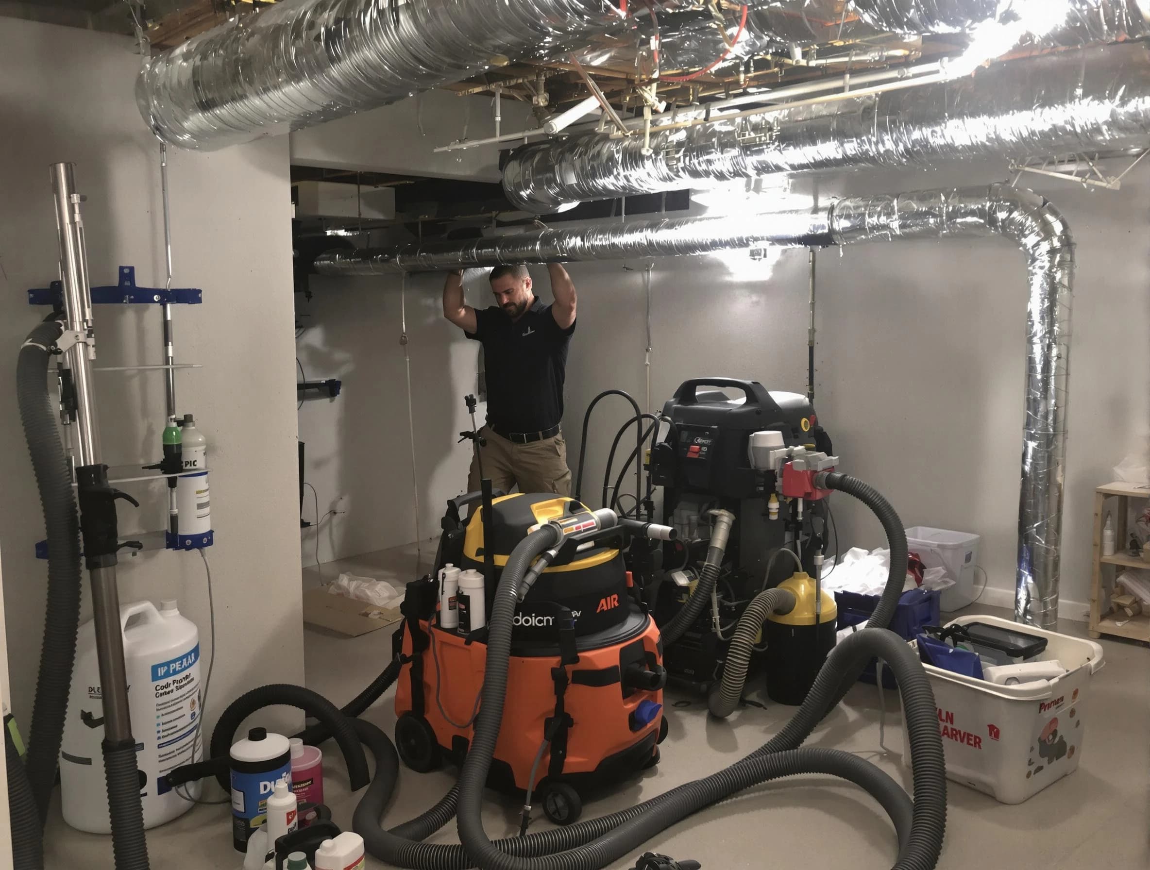 Jurupa Valley Air Duct Cleaning specialist performing professional mold removal from air ducts using safety equipment in Jurupa Valley