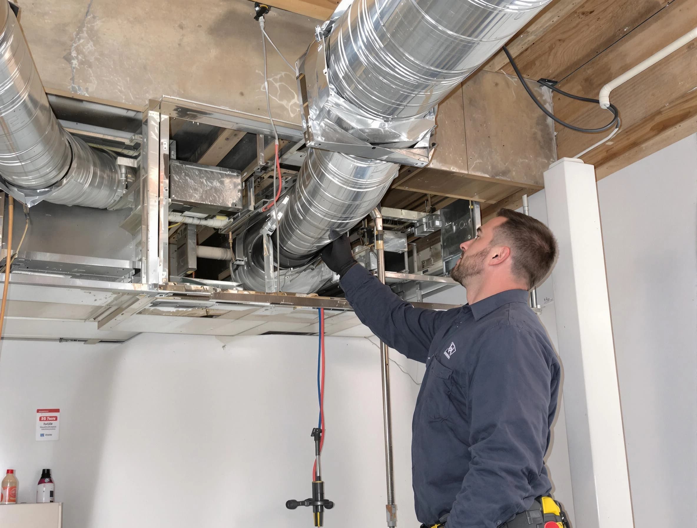 Jurupa Valley Air Duct Cleaning technician performing professional air duct repair using specialized tools in Jurupa Valley