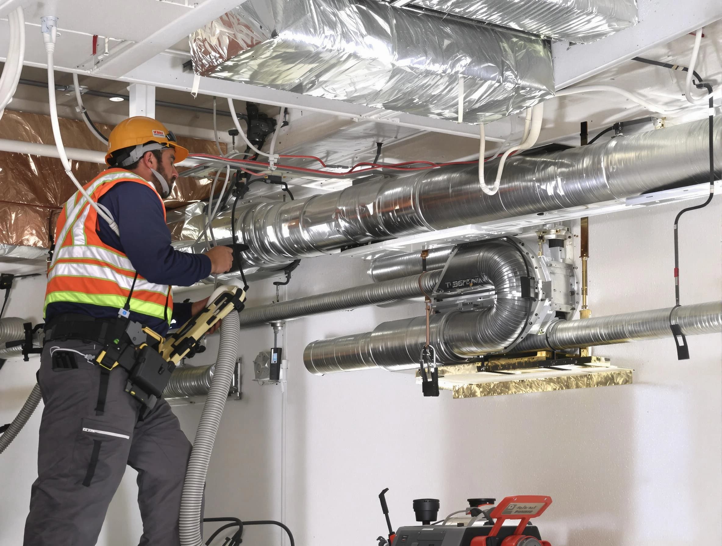 Jurupa Valley Air Duct Cleaning technician performing precision vacuum insulation removal in a residential property in Jurupa Valley